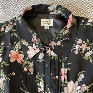 Unique Vintage - Black Floral Chiffon Dress - Size XL/14